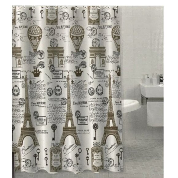 Paris Eiffel Tower Shower Curtain Fabric White Gold Multi Color 72 in X 72 in - Picture 1 of 16